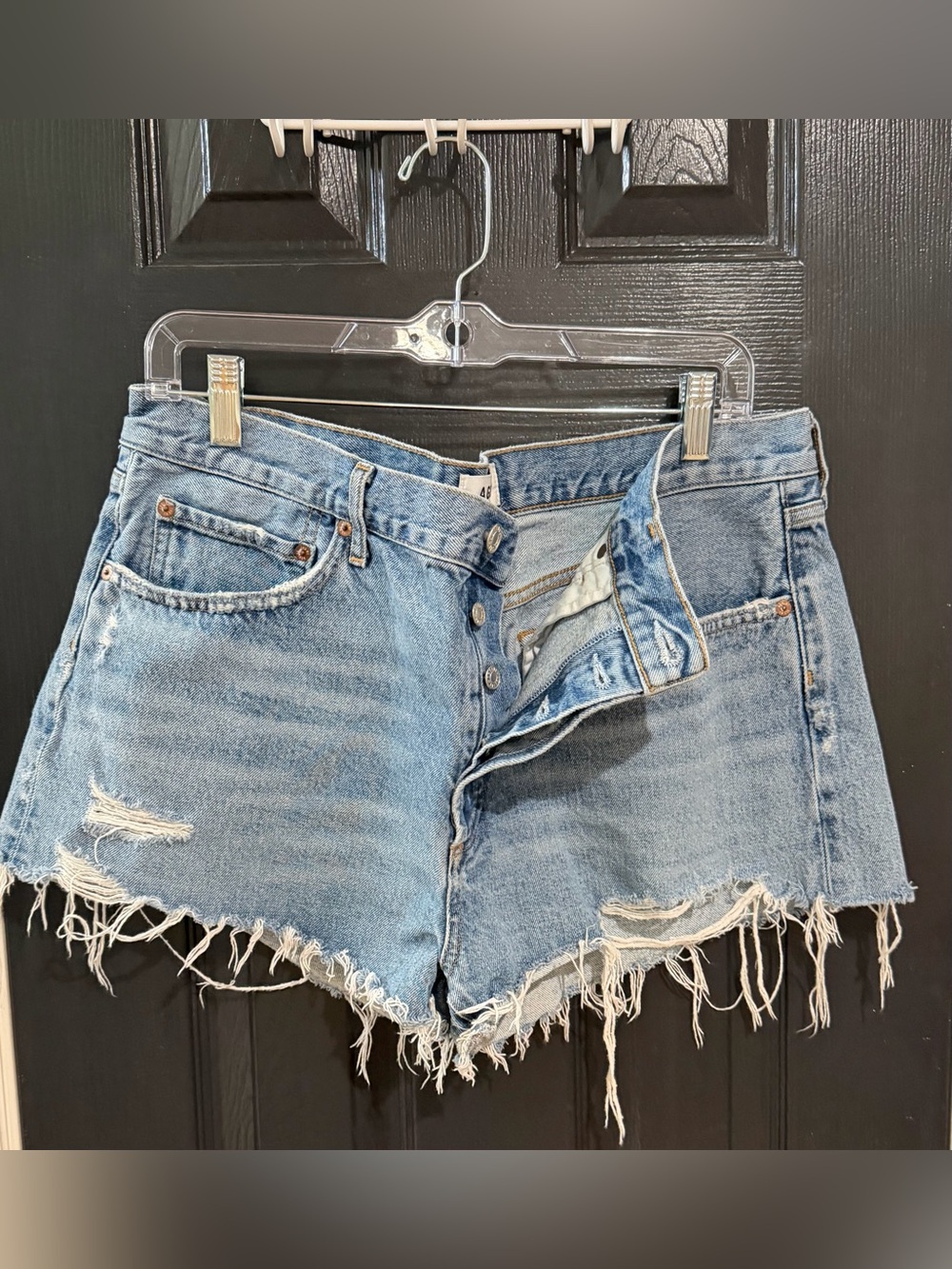 Agolde Light Blue Distressed High-Rise Denim Shorts-32